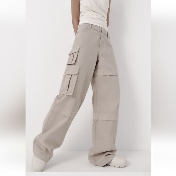 Zara * Cargo Pants Trousers Wide Beige - Picture 12 of 15